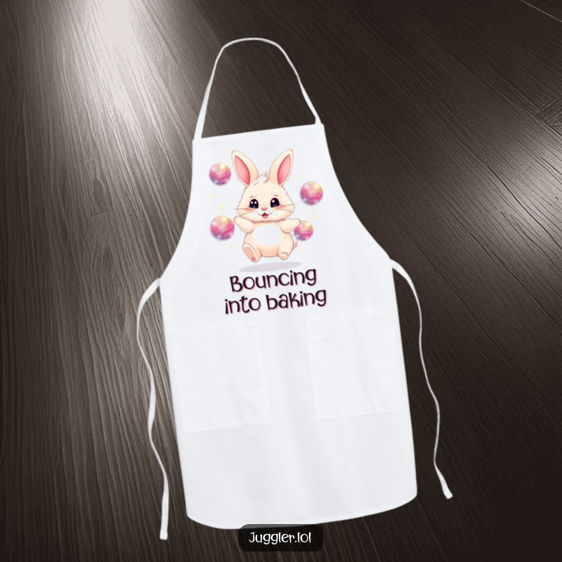 Funny juggling bunny apron, fluffy, frantically juggling sparkly balls, protective and humorous kitchen wear, amazing funny gift.