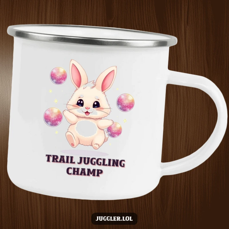 Funny juggling bunny camping mug, fluffy, frantically juggling sparkly balls, durable and humorous outdoor gear, great funny gift.