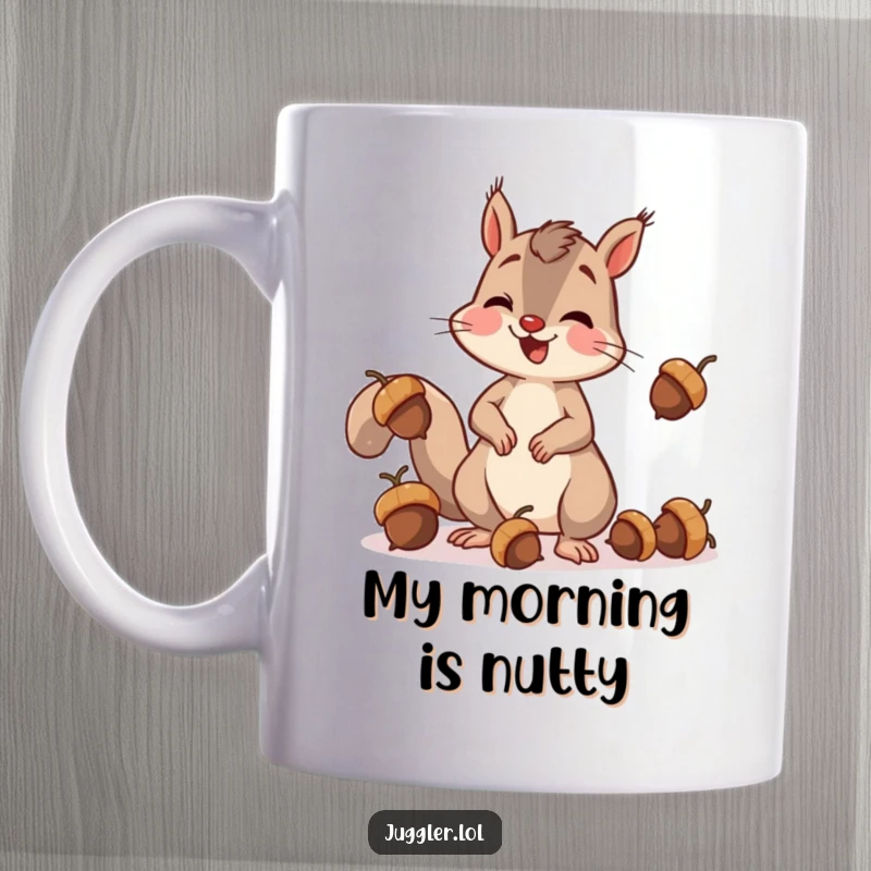 Funny squirrel mug with a cheerful squirrel clumsily juggling acorns, dropping one with a surprised expression, perfect for coffee lovers.