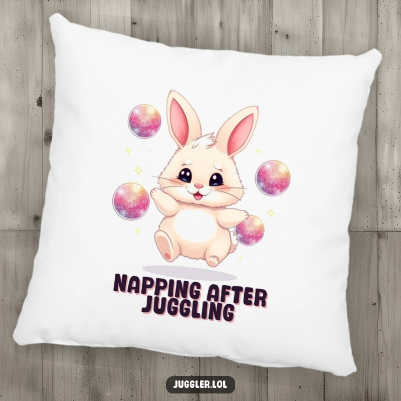 Funny juggling bunny pillow, fluffy, frantically juggling sparkly balls, soft and humorous decor, wonderful funny gift.