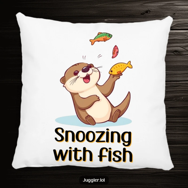 Funny otter pillow featuring a playful otter gleefully tossing colorful fish into the air and catching them, providing soft comfort and aquatic humor.