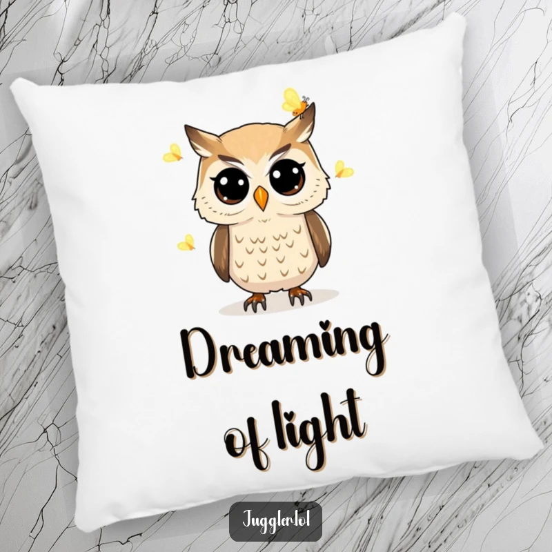 Funny owl pillow featuring a determined owl with wide eyes juggling glowing fireflies, providing mystical comfort and a touch of humor.