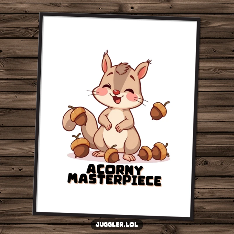 Funny squirrel digital art print of a cheerful squirrel clumsily juggling acorns, dropping one with surprise, ready for instant download and framing.