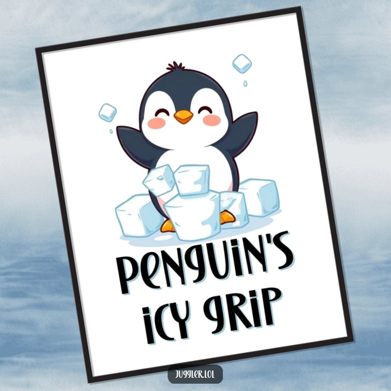 Funny penguin digital art print of a happy penguin struggling to juggle three slippery ice cubes, ready for instant download.