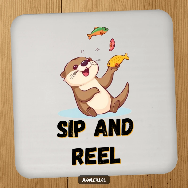 Funny otter drink coaster featuring a playful otter gleefully tossing colorful fish into the air and catching them, protecting surfaces with aquatic humor.