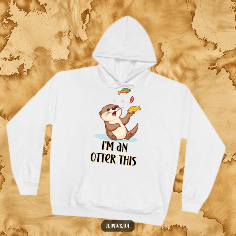 Funny otter hoodie showing a playful otter gleefully tossing colorful fish into the air and catching them, perfect for cozying up.