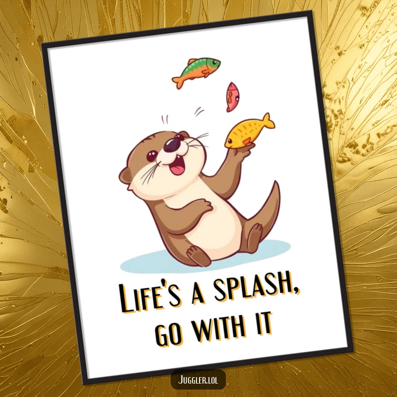 Funny free printable wall art: a playful otter gleefully juggles colorful fish in the air, downloadable aquatic decor.