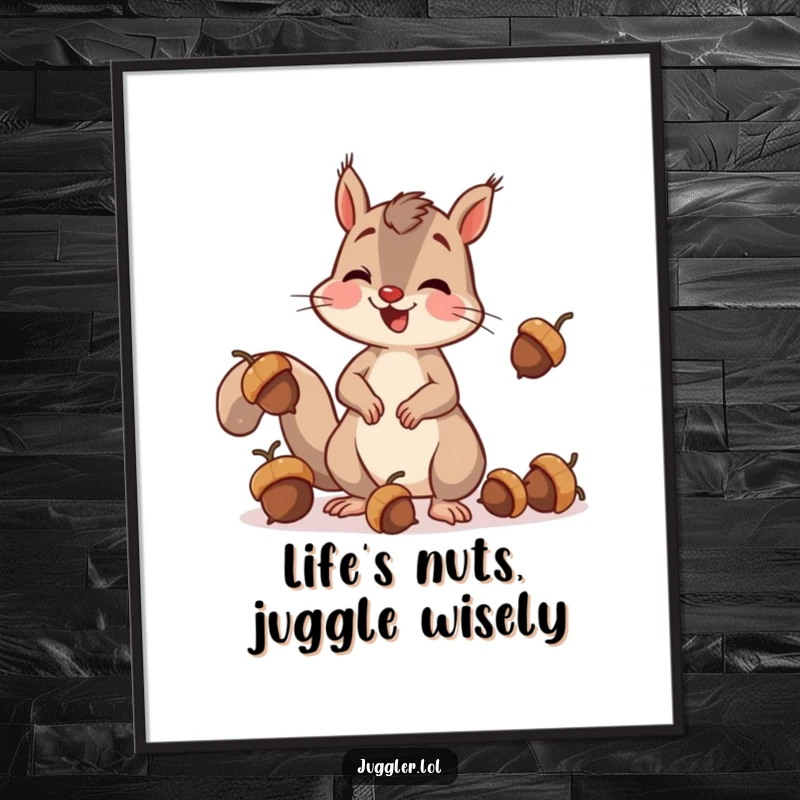 Funny free printable wall art: a surprised squirrel drops acorns while hilariously attempting to juggle, downloadable decor.