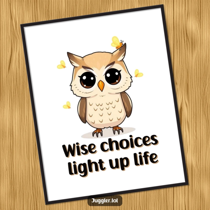 Funny free printable wall art: a determined owl juggles bright fireflies against a night sky, whimsical downloadable decor.