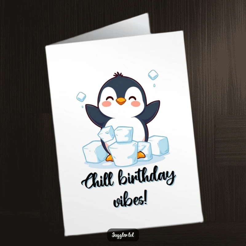 Funny free printable birthday card: a happy penguin struggles to juggle slippery ice cubes, a cool downloadable gift.