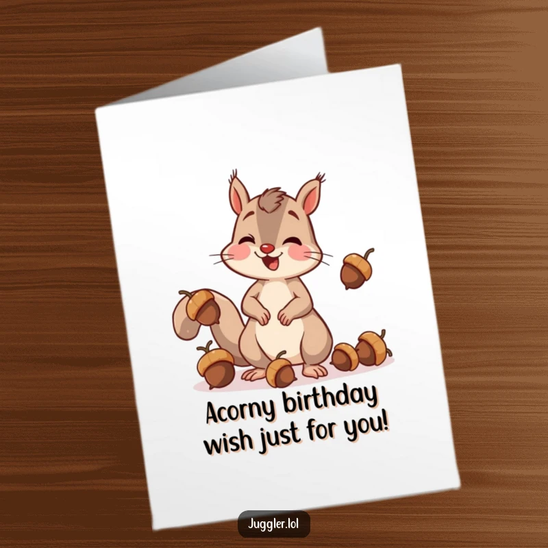 Funny free printable birthday card of a surprised squirrel dropping acorns while attempting to juggle, a perfect DIY gift.