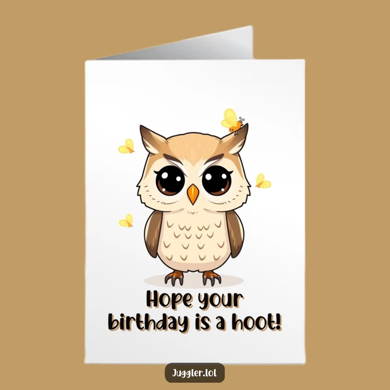 Free Printable Funny Owl Juggling Fireflies Birthday Card: Whimsical Night Downloadable Gift