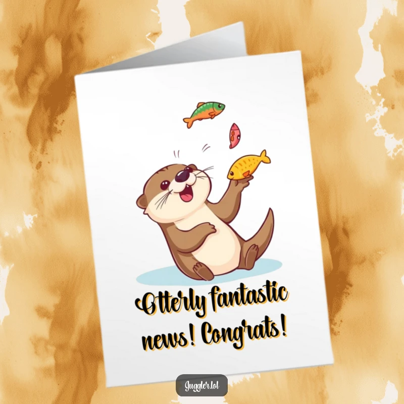 Free printable congratulations card: a playful otter gleefully juggles colorful fish, a fun downloadable art piece.