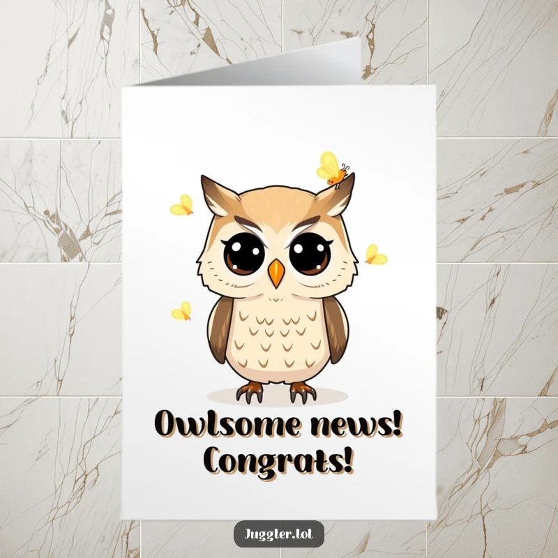 Free printable congratulations card: an owl determinedly juggles glowing fireflies, a magical downloadable art piece.