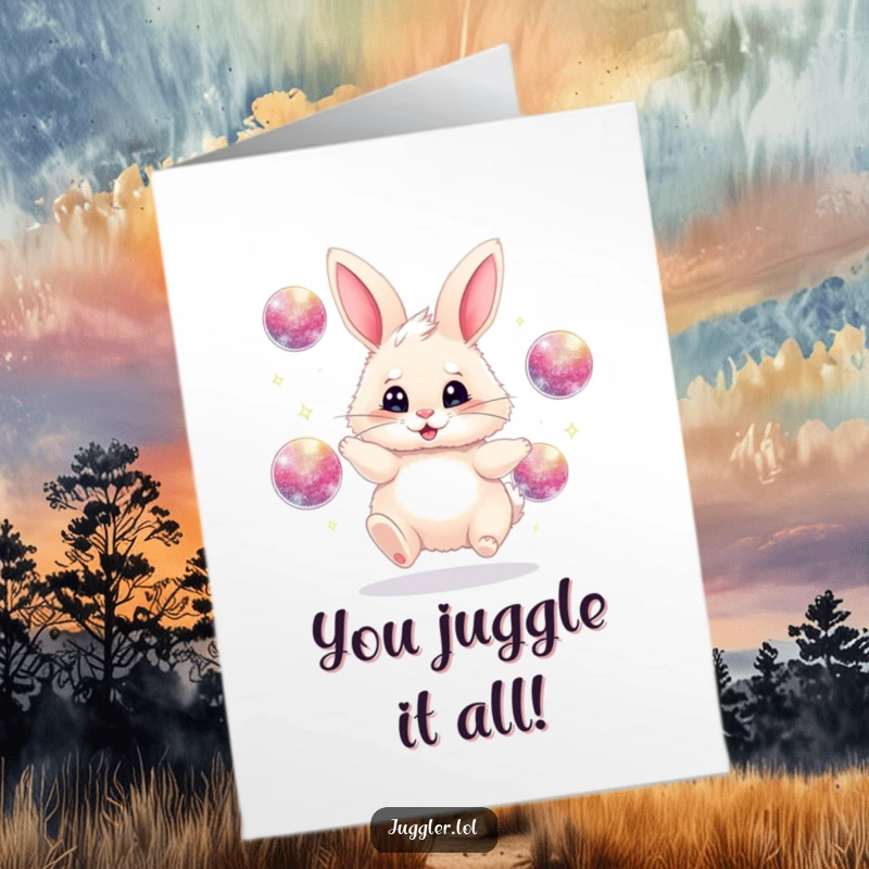 Funny Free Printable Congrats Card: Fluffy bunny juggling sparkly balls, a fun and energetic congratulations.