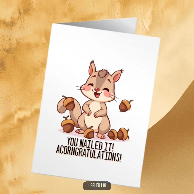 Free printable congratulations card showing a clumsy squirrel dropping acorns while juggling, a funny downloadable art piece.