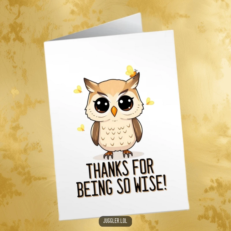 Funny free printable thank you card: an owl juggles luminous fireflies with big eyes, perfect downloadable art.