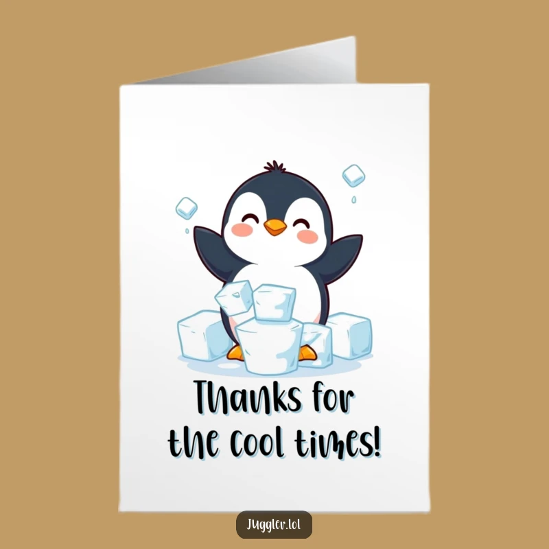 Free Printable Funny Penguin Thank You Card: Ice Cube Juggle Gratitude Downloadable