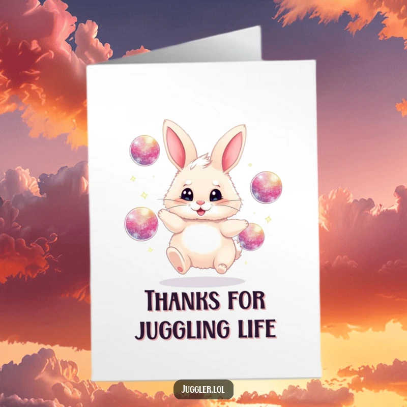 Funny Free Printable Thank You Card: Fluffy bunny juggling sparkly balls, a playful thank you, downloadable art.
