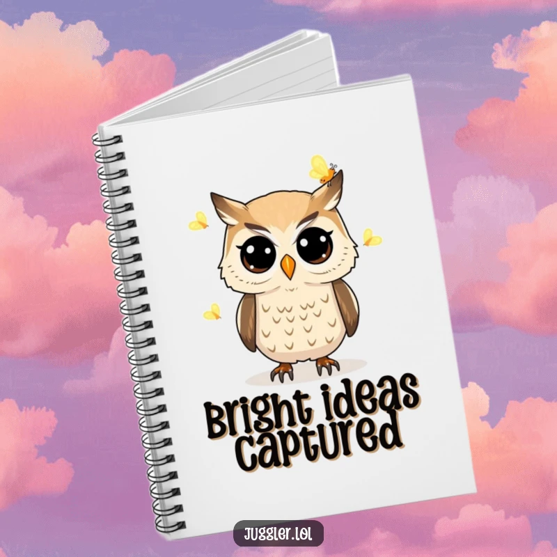 Funny owl notebook featuring a determined owl with wide eyes juggling glowing fireflies, perfect for jotting down thoughts and creative ideas.
