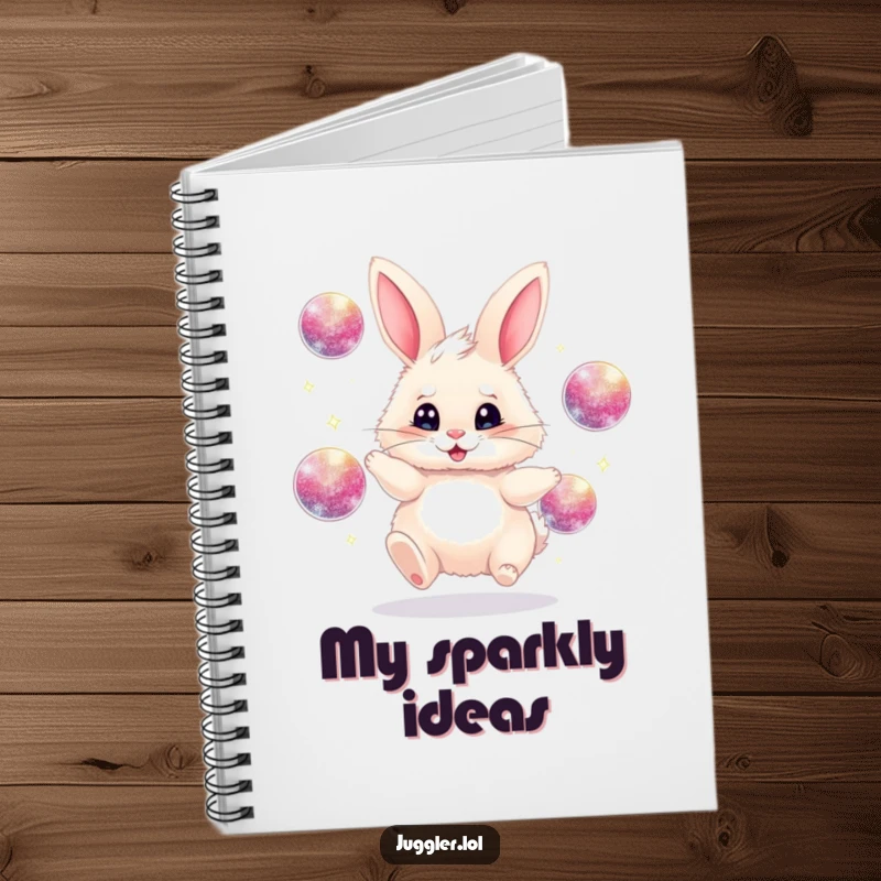 Funny juggling bunny notebook, fluffy, frantically juggling sparkly balls, organized and humorous for notes, excellent funny gift.
