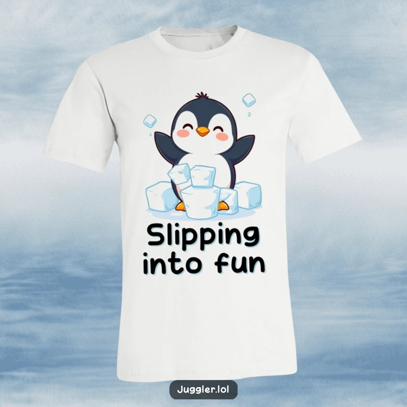 Funny penguin t-shirt depicting a happy penguin struggling to juggle three slippery ice cubes, ideal for arctic enthusiasts and casual wear.