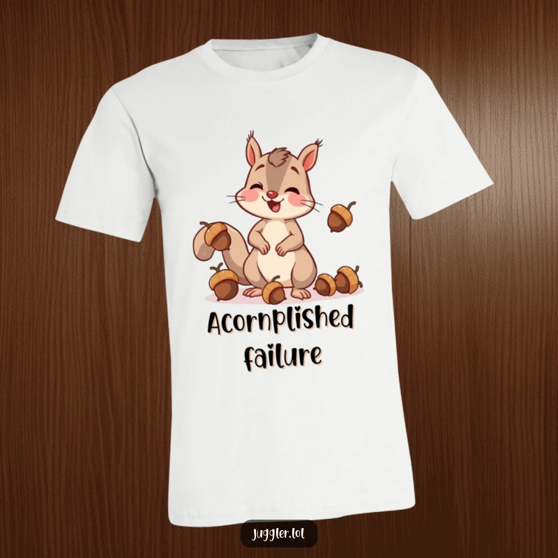 Funny squirrel t-shirt featuring a cheerful squirrel attempting to juggle acorns and dropping one with a surprised look, ideal for casual wear.