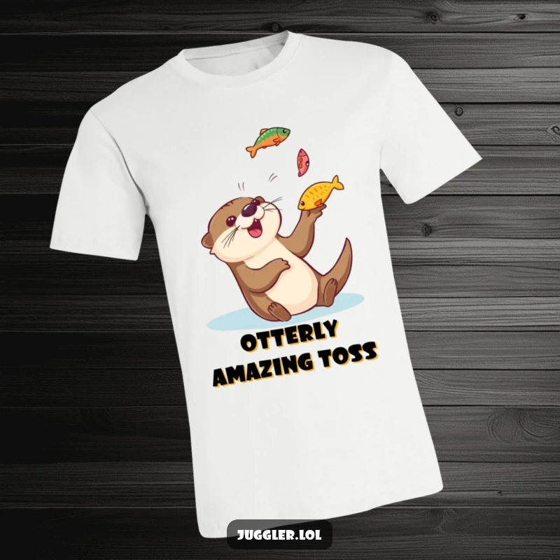 Funny otter t-shirt depicting a playful otter gleefully tossing colorful fish and catching them, ideal for water lovers and casual wear.
