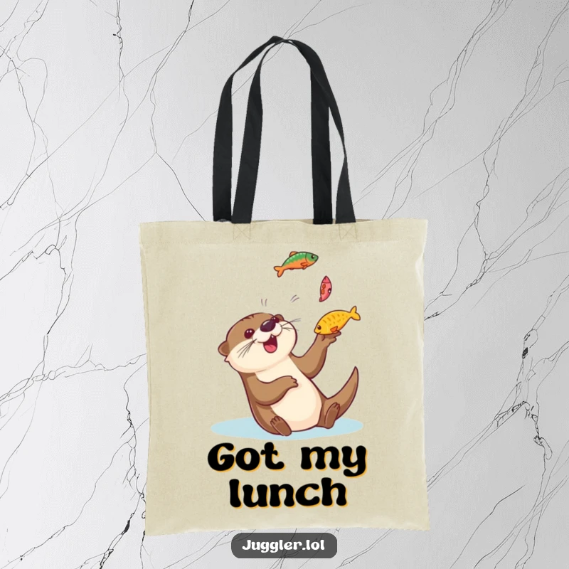 Funny otter tote bag featuring a playful otter gleefully tossing colorful fish into the air and catching them, ideal for shopping and everyday use.